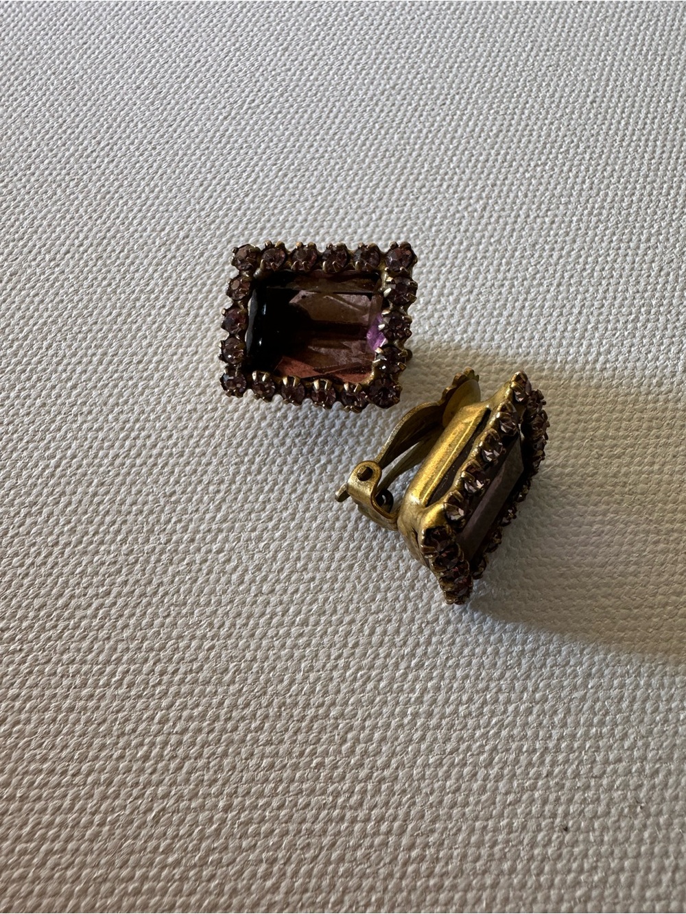 Vintage Original by Robert Amethyst Glass Emerald Cut Rhinestone Clip Earrings - Picture 7 of 12